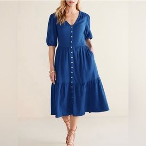 Soft Surroundings Arielle Gauze Easy Wear Puff Sleeves Midi Dress in Sapphire-L